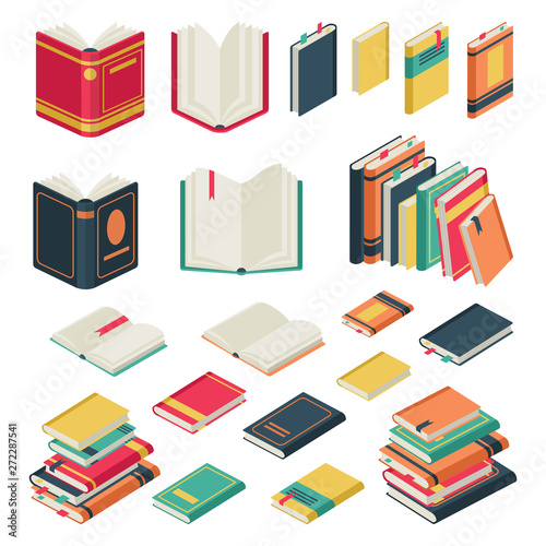 Isometric book collection. Opened and closed books set for school library publishing dictionary textbook magazine vector set photo