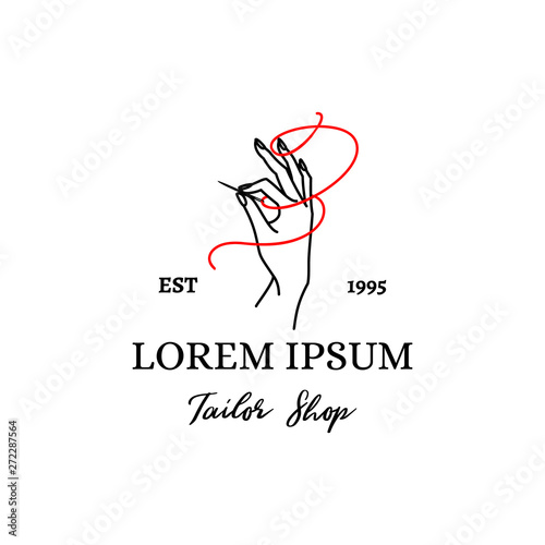Logo Tailor Shop. Vector Emblem of a Female hand with a Needle and a red Thread outline style . Logo template for Needlewoman, hand made craftsman, dressmaker, seamstress.