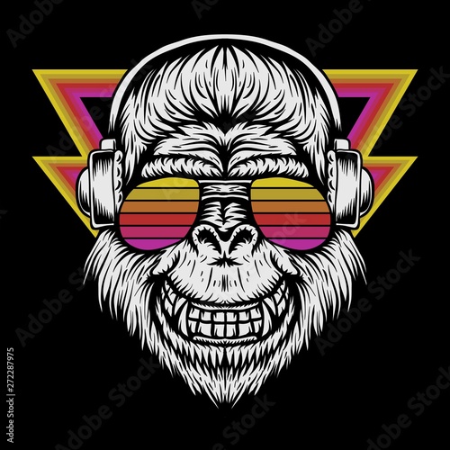 gorilla headphone retro vector illustration