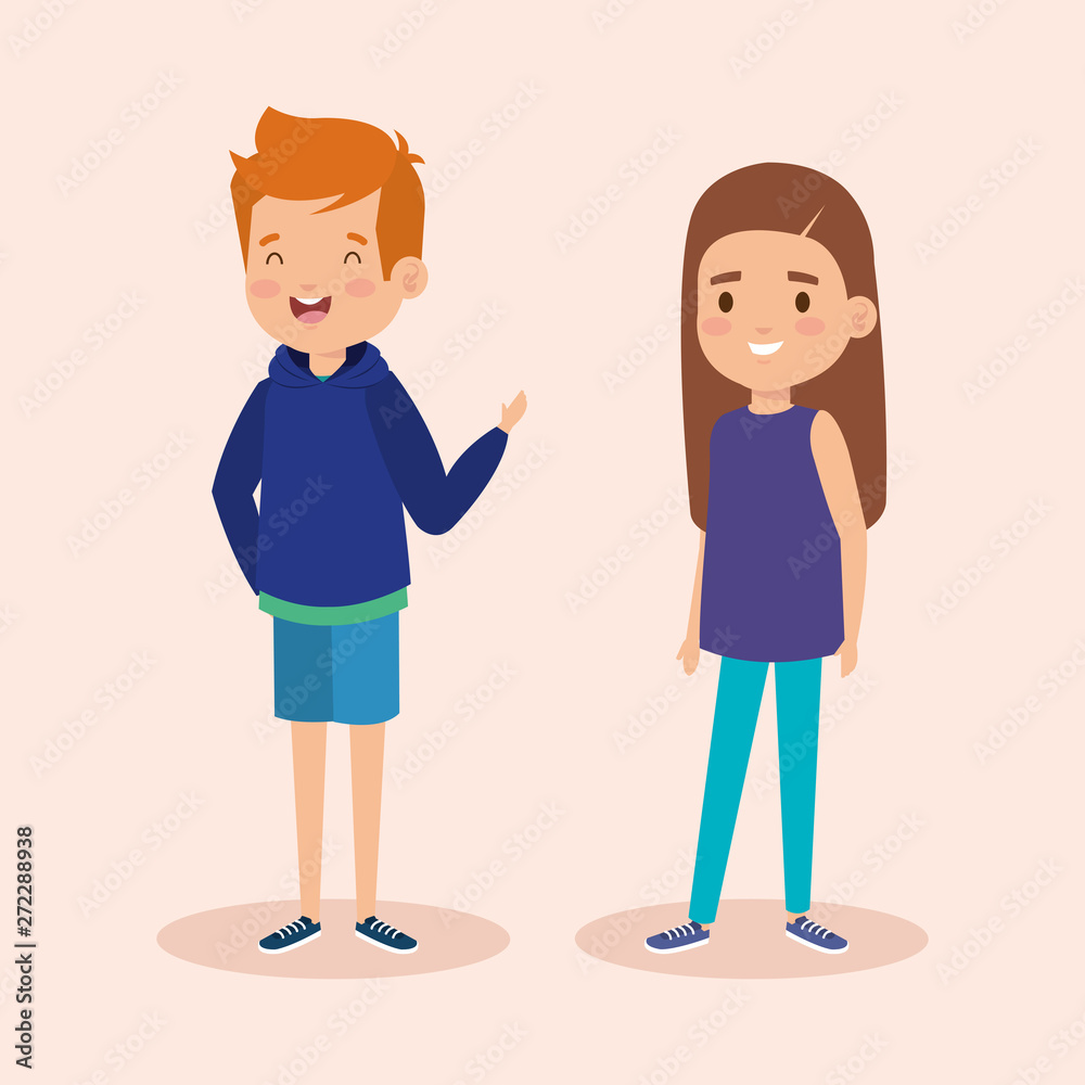 girl and boy with hairstyle and casual clothes