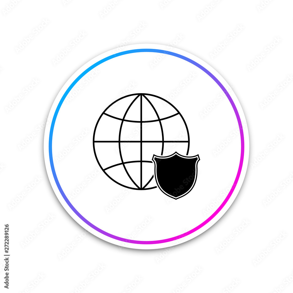 Shield with world globe icon isolated on white background. Security, safety, protection, privacy concept. Circle white button. Vector Illustration Shield with world globe icon isolated on white background. Security, safety, protection, privacy concept. Circle white button. Vector Illustration