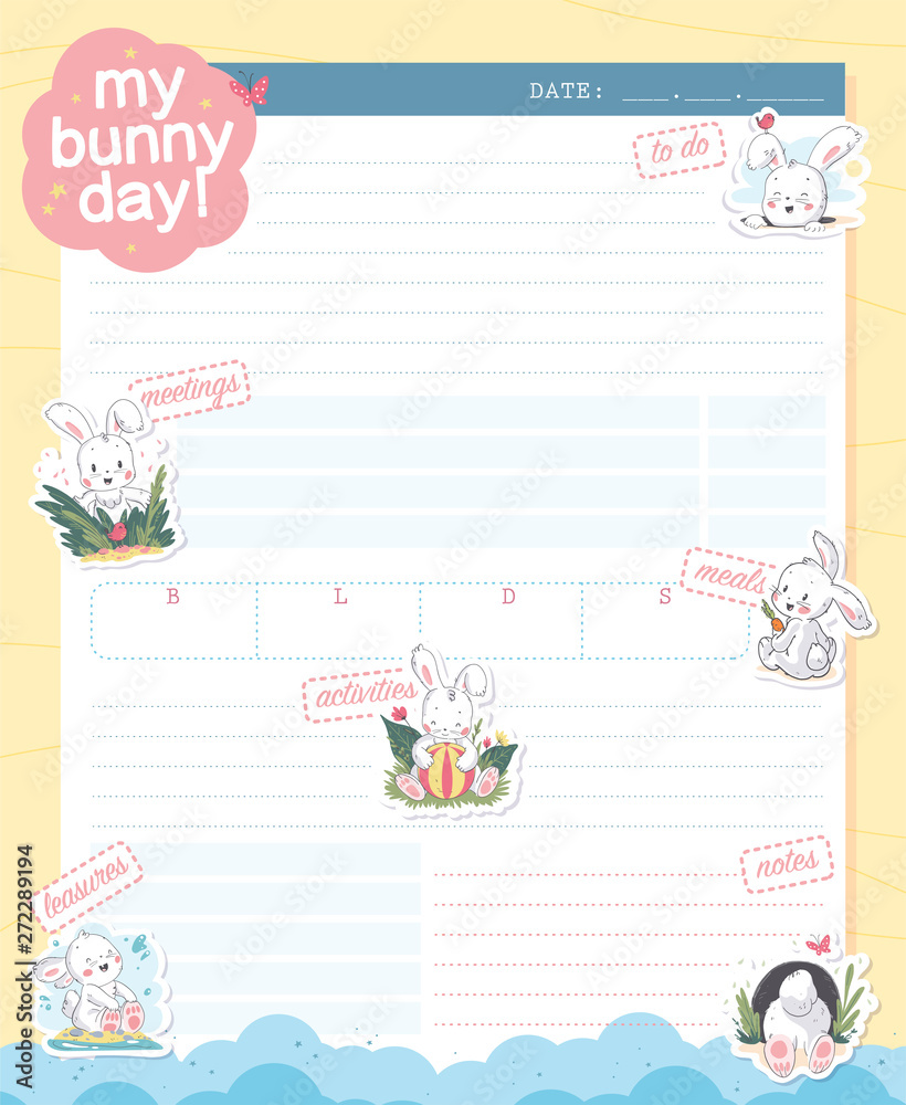 Vector daily planner organizer page design template, calendar for children. Cute hand drawn bunny character stickers. To do list flat lay, pastel colors, hand drawn style. Time management equipment.