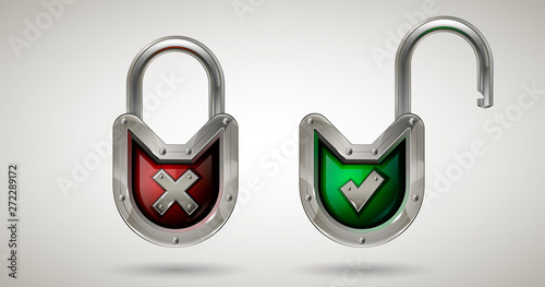 Metal security locked and unlocked padlock with check mark and cross. Realistic style. Isolated background. Network, cyber security or information protection concept for poster, web design, banner