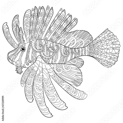 Coloring page with lion fish in patterned style. © lezhepyoka