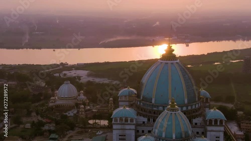 Mayapur, India TOVP temple during nabadwip mandala parikrama festival aerial, 4k drone footage  photo