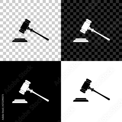Judge gavel icon isolated on black, white and transparent background. Gavel for adjudication of sentences and bills, court, justice, with a stand. Auction hammer symbol. Vector Illustration
