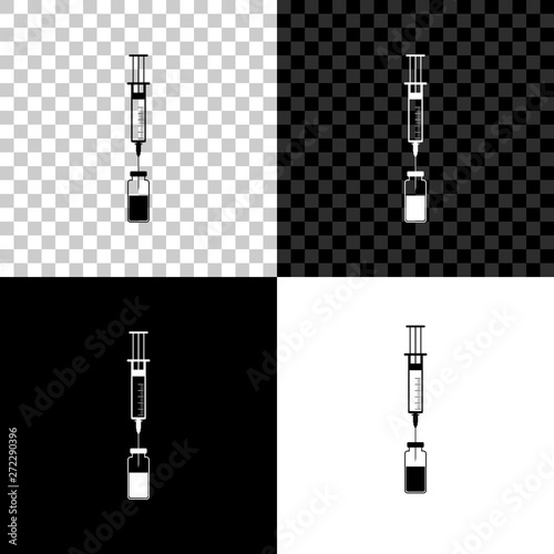 Medical syringe with needle and vial or ampoule icon isolated on black, white and transparent background. Vaccination, injection, vaccine, insulin concept. Vector Illustration