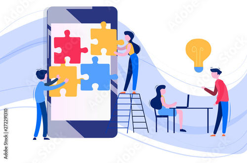 Business Team working on big project. Teamwork, communication, interaction, business process, agile project management concept. Vector illustration on white background.