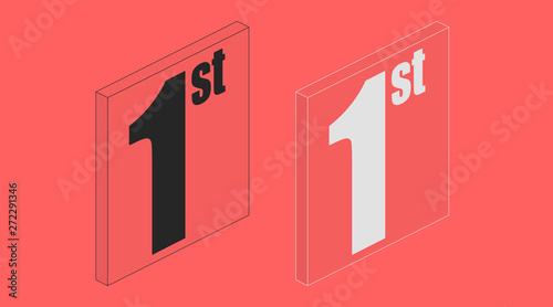 1 st. First place white and black isometric icon. Transparent outline flat card on a solo one red color. Number one vector illustration