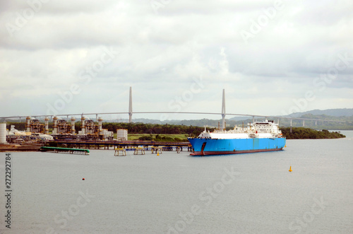 LNG gas tanker ship berthing in the port of Cristobal, Panama.