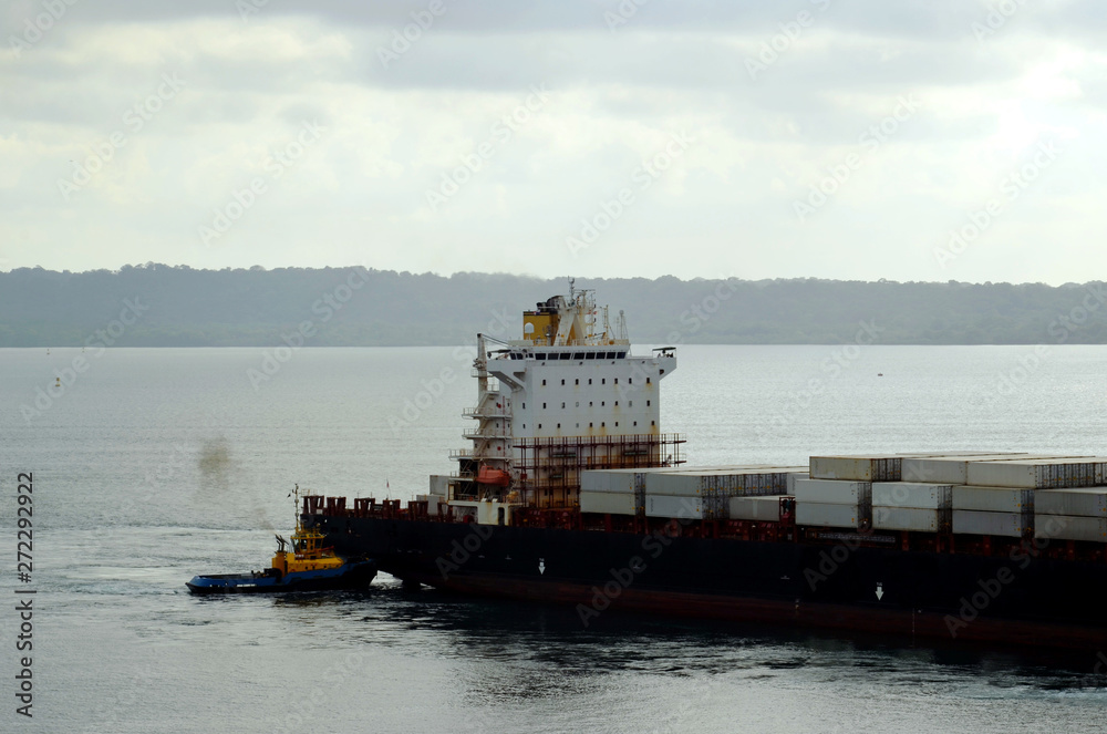 Container ship arriving to the port of Cristobal, Panama. 
