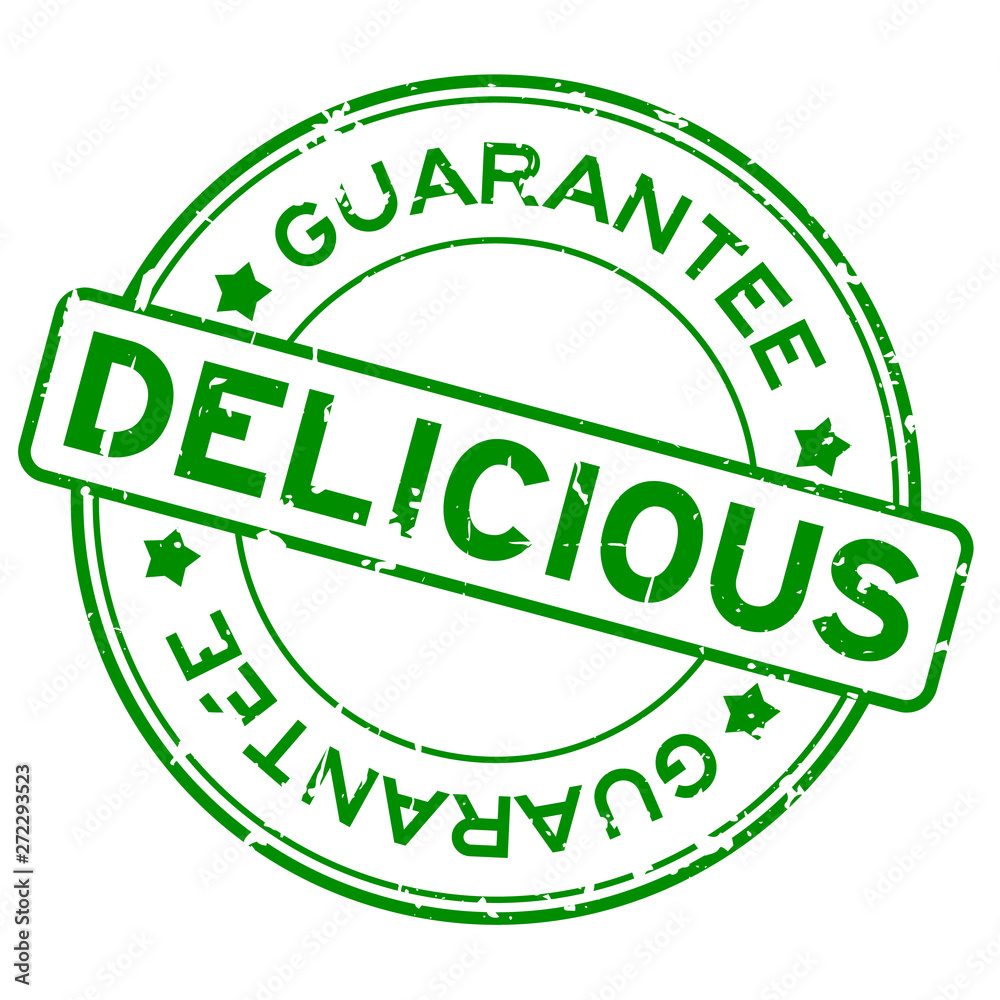 Grunge green delicious guarantee word round rubber seal stamp on white background Grunge green delicious guarantee word round rubber seal stamp on white background