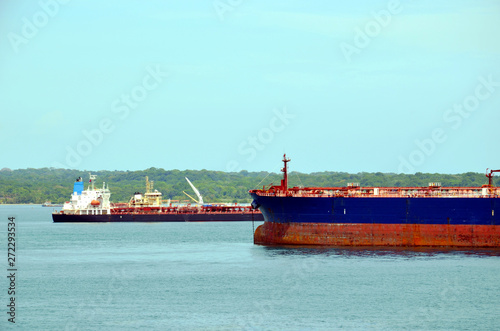Cargo ships near entrance to the Panama Canal - Cristobal  Panama. 