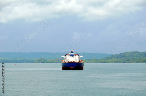 Cargo ship entering Panama Canal in the Cristobal, Panama. 