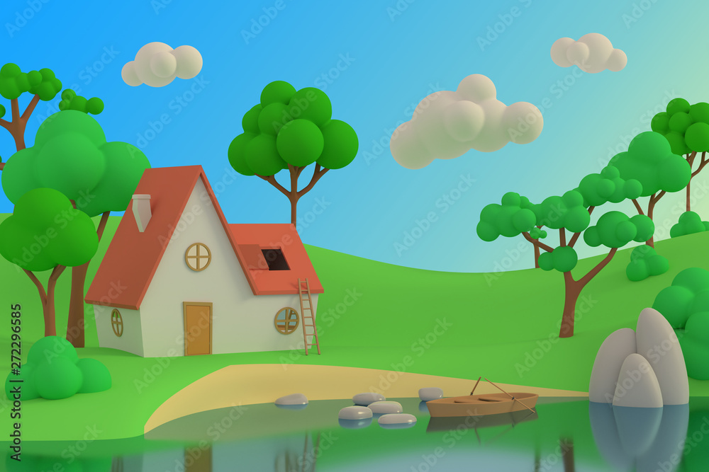 Cartoon house on the lake or river on a background of trees. 3D render. Cartoon house on the lake or river on a background of trees. 3D render.