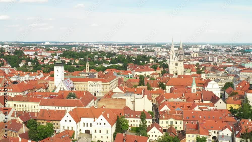 Panoramic view on Upper town and st Mark church in Zagreb, red roofs and palaces of old baroque center, political center of Croatia Panoramic view on Upper town and st Mark church in Zagreb, red roofs and palaces of old baroque center, political center of Croatia