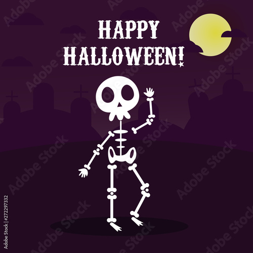 Funny skeleton dancing in Halloween party with halloween background trick & treat