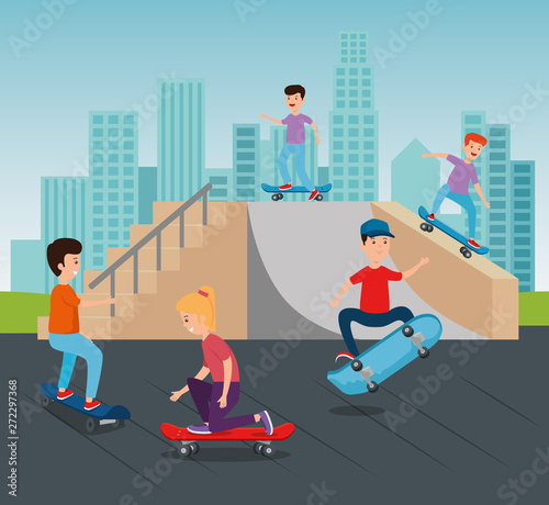 boys and girl practing skateboard in the ramps