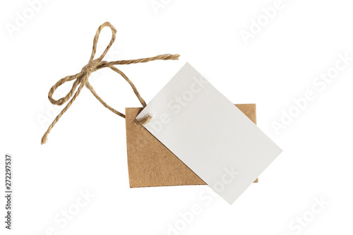 Blank tied label isolated on white background. Clothing label mockup with copy space.