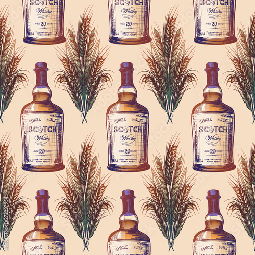 Whiskey making process from grain to bottle. Scotch whiskey bottle with some barley ears and grains. Seamless pattern. EPS10 vector illustration.