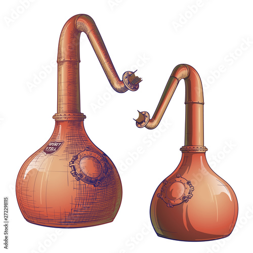 Whiskey from grain to bottle. A Swan necked copper Stills. Painted sketch style drawing. EPS10 vector illustration.