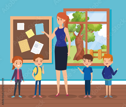 woman teacher in the classroom with note board and kids