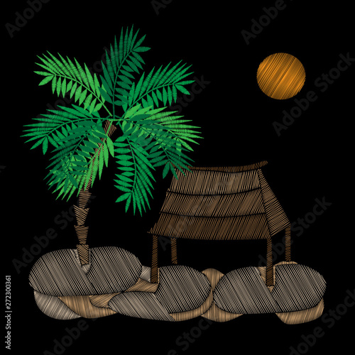 Palm tree embroidery stitches imitation on black background.