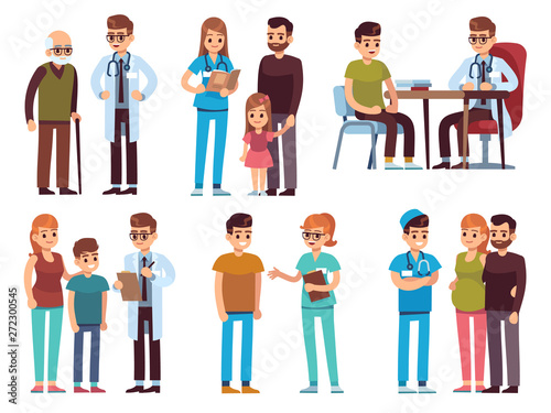 Doctors and patients. Medicine office staff hospital diagnosis treatment patient clinic doctor nurse professional help, vector image