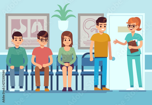 Patients in doctors waiting room. People wait hall clinic corridor hospital ambulance professional service, flat vector illustration