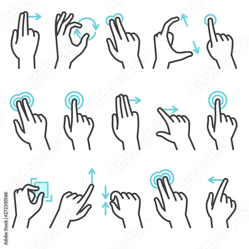 Phone hand gestures. Hand gesture for touchscreen devices, slide touch phone. Zoom move swipe press finger actions, vector symbols set photo