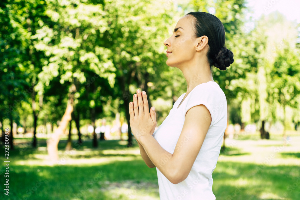 Beautiful young woman doing yoga in park. Relaxing and meditating while being surrounded by nature in summer park Beautiful young woman doing yoga in park. Relaxing and meditating while being surrounded by nature in summer park