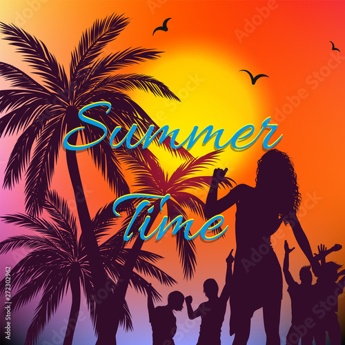 Summer themed background with palm trees and dancing people silhouettes on  beach