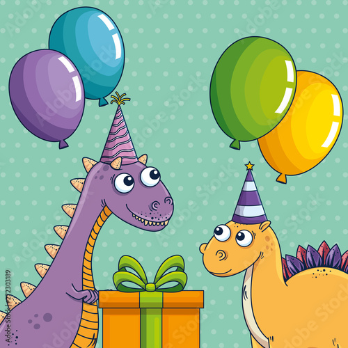carnotaurus and stegosaurus with party hat and balloons