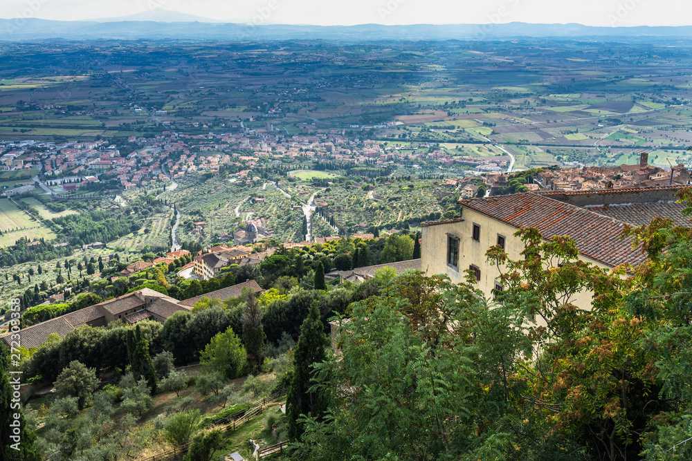 Landscape of Tuscan countryside viewed from Girifalco fortress on the hilltop overlooking Cortona, Tuscany, Italy