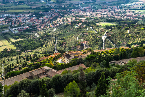 Panoramic view from Girifalco fortress on the hilltop overlooking Cortona, Tuscany, Italy