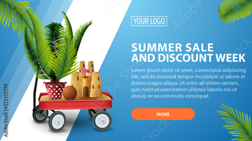 Summer sale and discount week, horizontal discount banner for your website with garden cart with sand, sand castle and potted palm