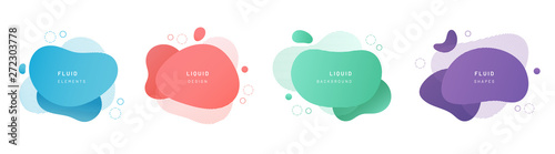 Red flat shape and green fluid blob, blue liquid stain and violet geometric form. Set of isolated abstract aqua spot with gradient or dynamic color. Background for card or template design for flyer.