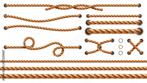 Set of isolated straight ropes and tied cross strings, realistic navy thread through metallic holes. Intertwined navy 3d cord. Vintage brown looped fiber with knot and noose. Nautical twisted whipcord photo
