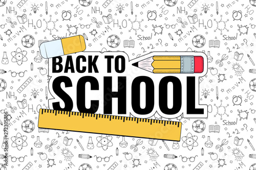 Back to school. Back to school logo on doodles background. Vector illustration