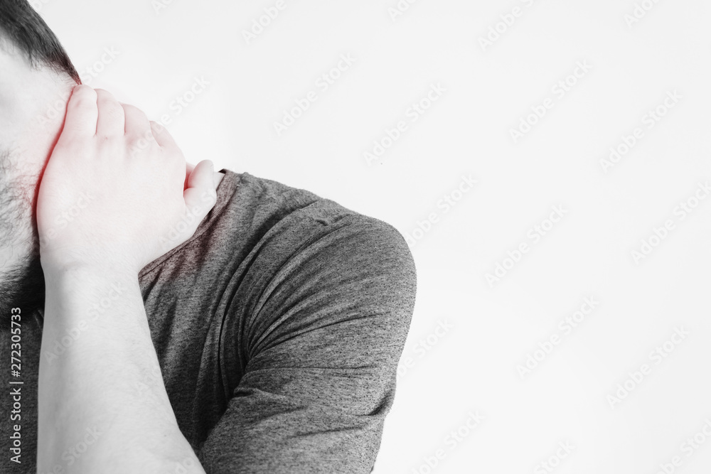 Man suffers from neck pain. Symptoms of cervical chondrosis. Inflammation of the vertebra, side view Man suffers from neck pain. Symptoms of cervical chondrosis. Inflammation of the vertebra, side view