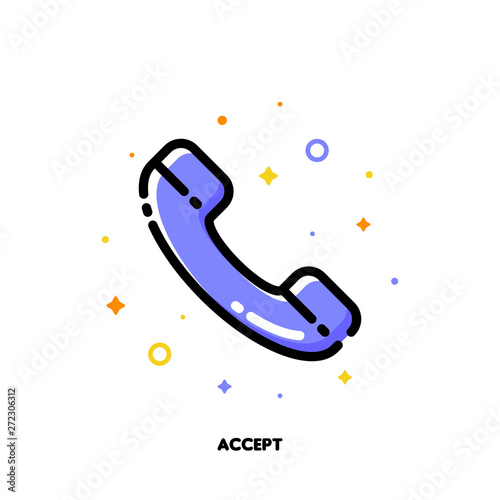 Icon of telephone handset which symbolizes accept phone call for help and support concept. Flat filled outline style. Pixel perfect 64x64. Editable stroke