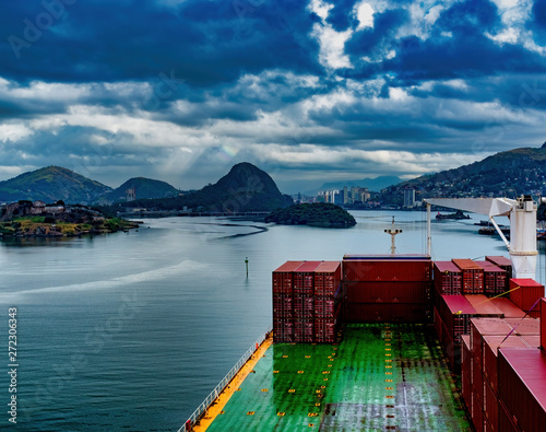 big container vessel approaching vitoria harbour in brasil