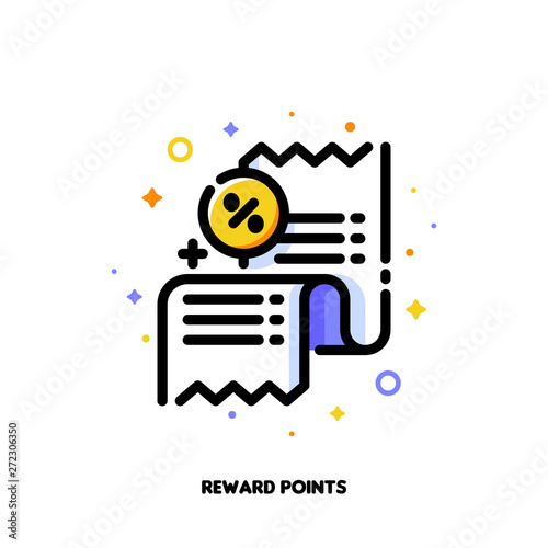 Icon of receipt with percent sign which symbolizes reward points or retail customer loyalty program for money-saving shopping concept. Flat filled outline style. Pixel perfect 64x64. Editable stroke