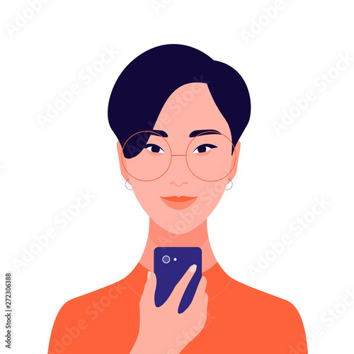 Portrait of an Asian girl holding a mobile phone in her hand. Avatar female student. Addiction on the Internet and social networks. Vector Flat Illustration