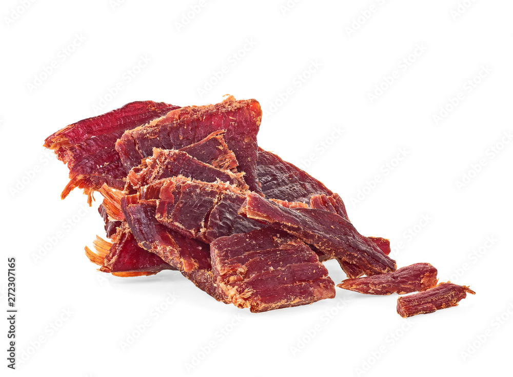 Beef jerky pieces on a white background Beef jerky pieces on a white background