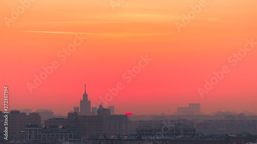 Sunrise over Moscow  view from the observation deck on the Sparrow hills.