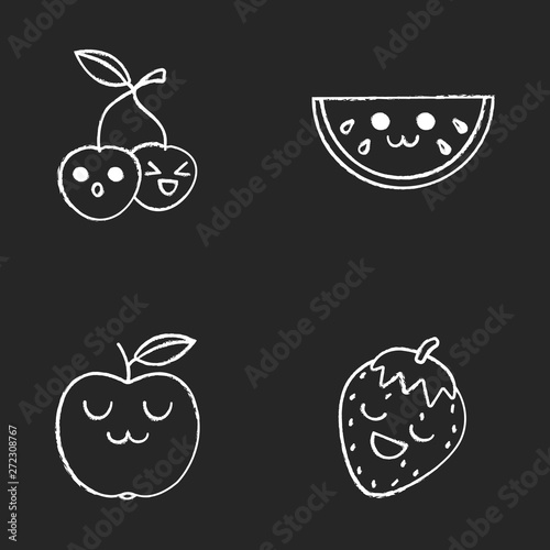 Fruits cute kawaii chalk characters set