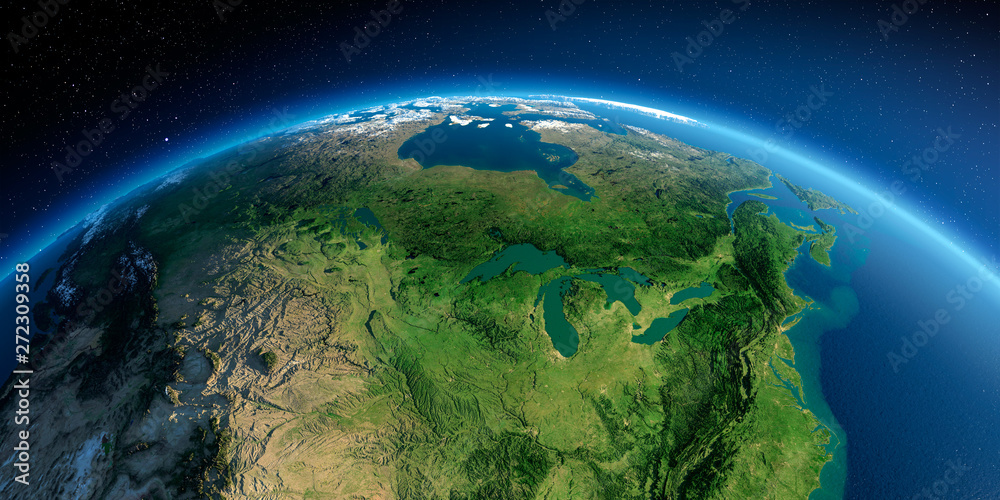 Highly detailed planet Earth in the morning. Exaggerated precise relief lit  morning sun. Detailed Earth. United States and Canada. Great Lakes. 3D  rendering. Elements of this image furnished by NASA Stock Illustration