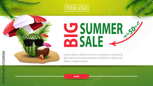 Big summer sale, discount horizontal web banner with modern, stylish design, watermelon in glasses under a beach umbrella