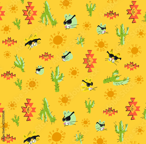 Cat and Cactus Orange and Yellow Bright Pattern